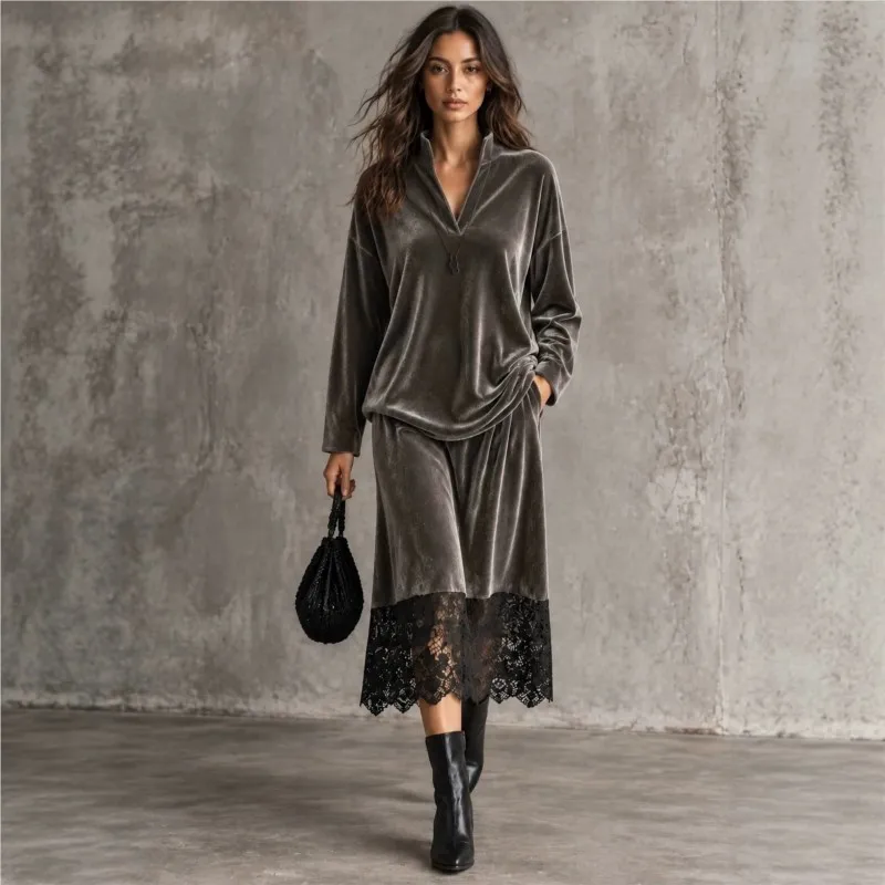 Autumn Winter Retro Solid Women's Skirt Suit Fashion V-neck Loose Pullover+Skirts Outfit Lady Lace Splicing Design Two Piece Set