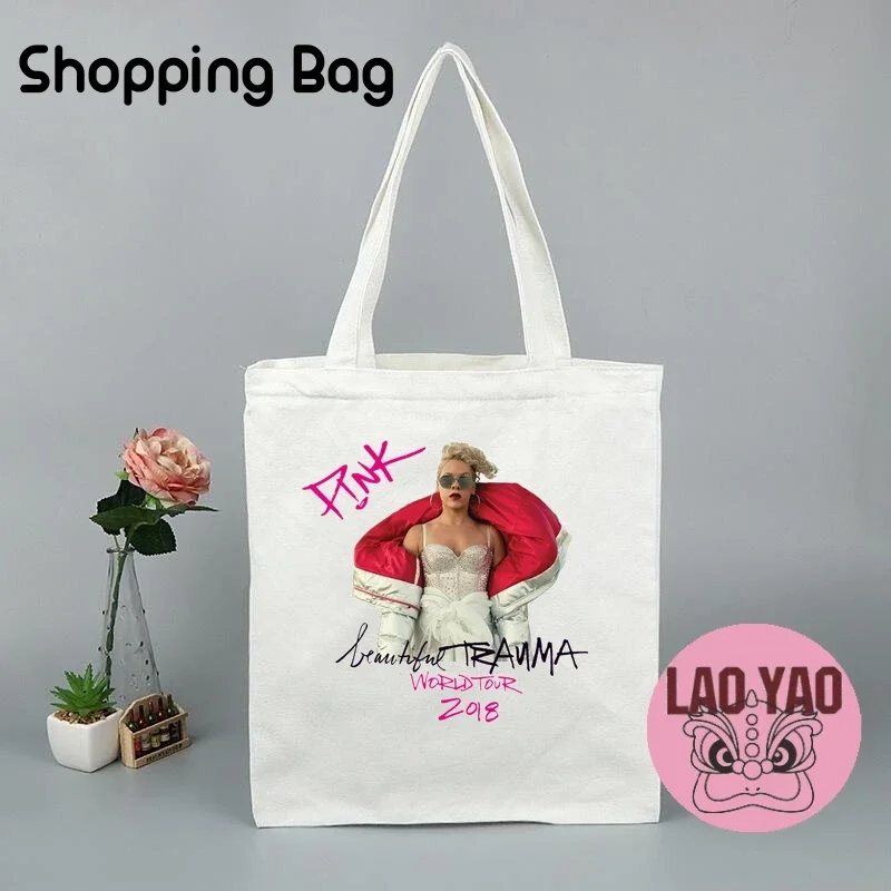 Pink Singer Canvas Tote Bag Woman Fans Gift P!nk Cloth Bags Women Shopper Aesthetic Carry Large Hand University Special Purpose