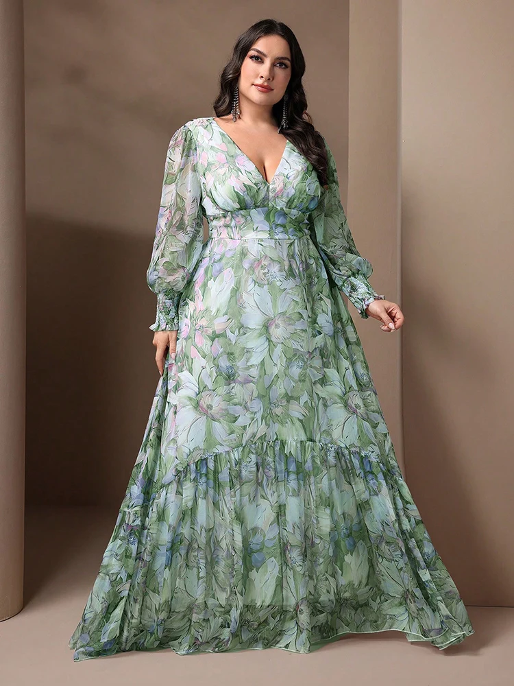 TOLEEN-vestidos longos tamanho grande para mulheres, decote v, manga lanterna, plissado, casual, elegante, estampa floral, férias, festa, primavera, verão, 2022