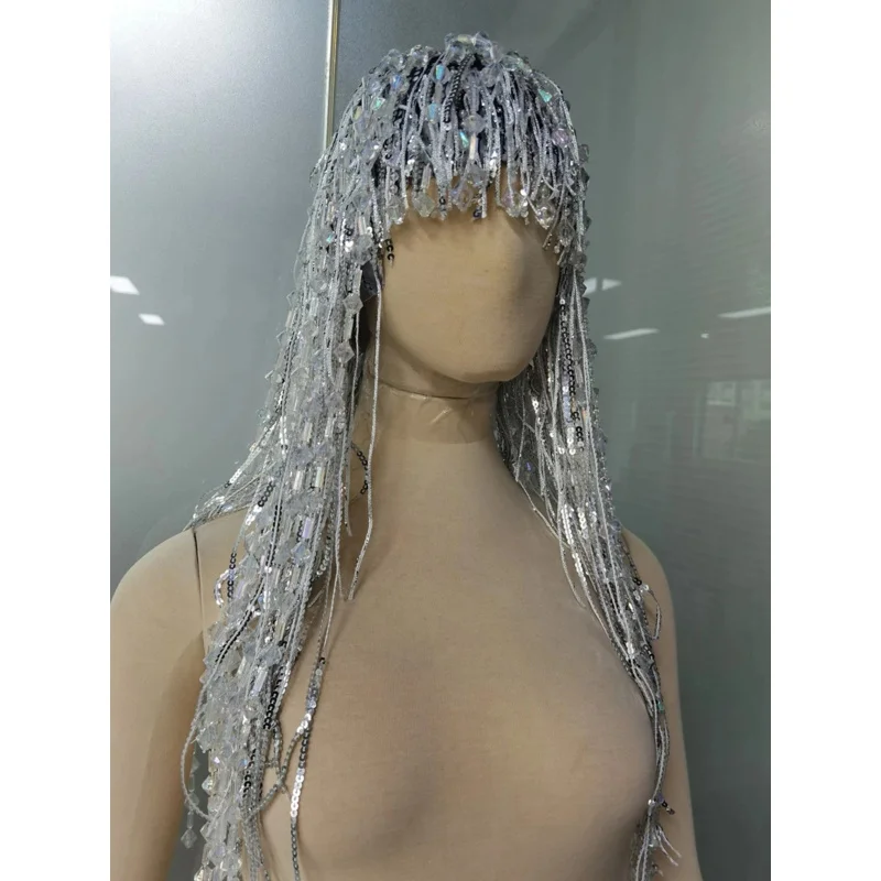 Designer Silver Sequin Crystal Tassel Wigs Women Birthday Party Rhinestone Fringes Headwear Club Stage Dancer Singer Accessories