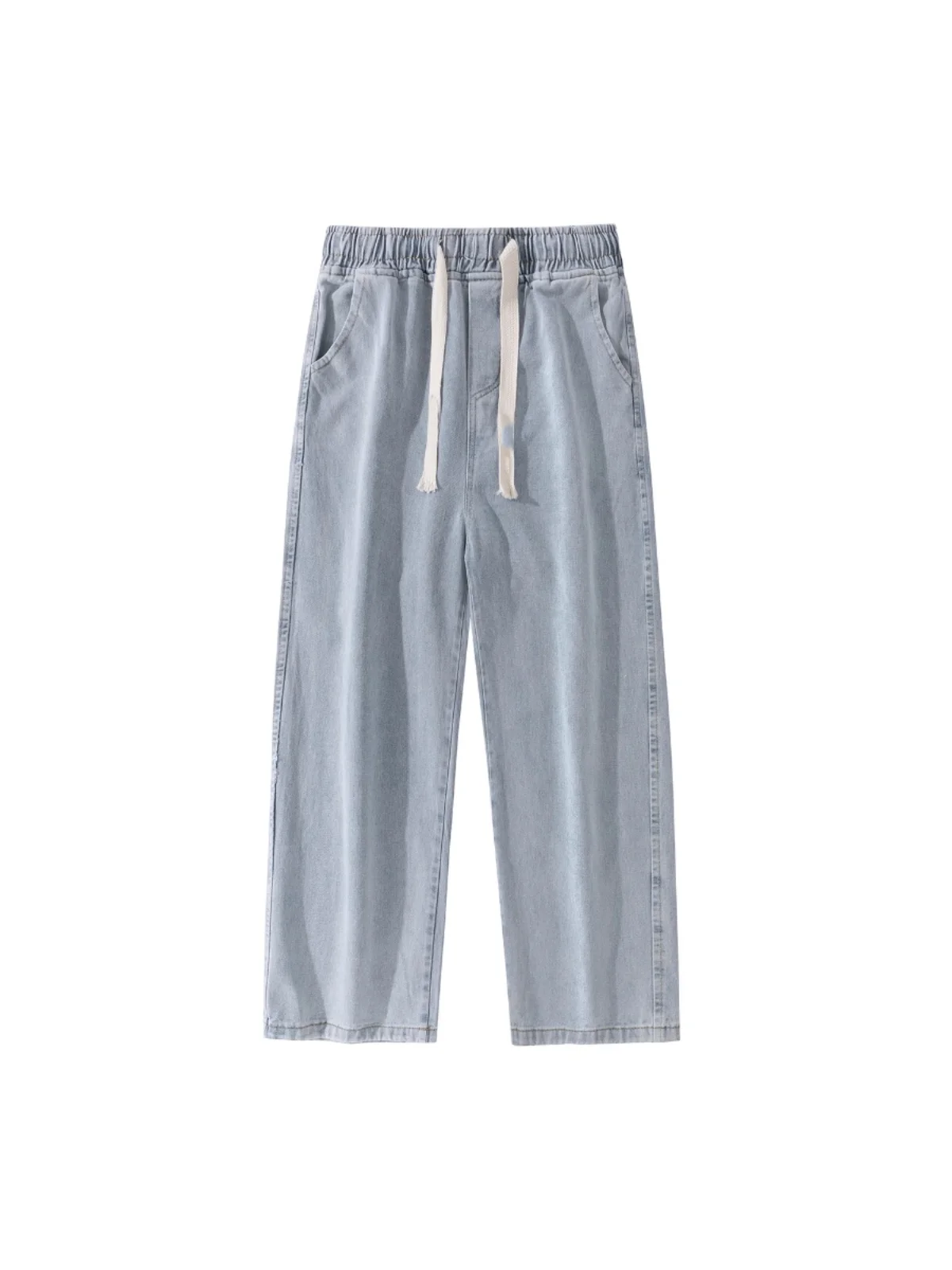 Calças Jeans Retrô Lavadas com Cordão, Perna Larga Reta, Elásticas, Casuais, Masculinas e Femininas, Coleção Outono, Jeans de...