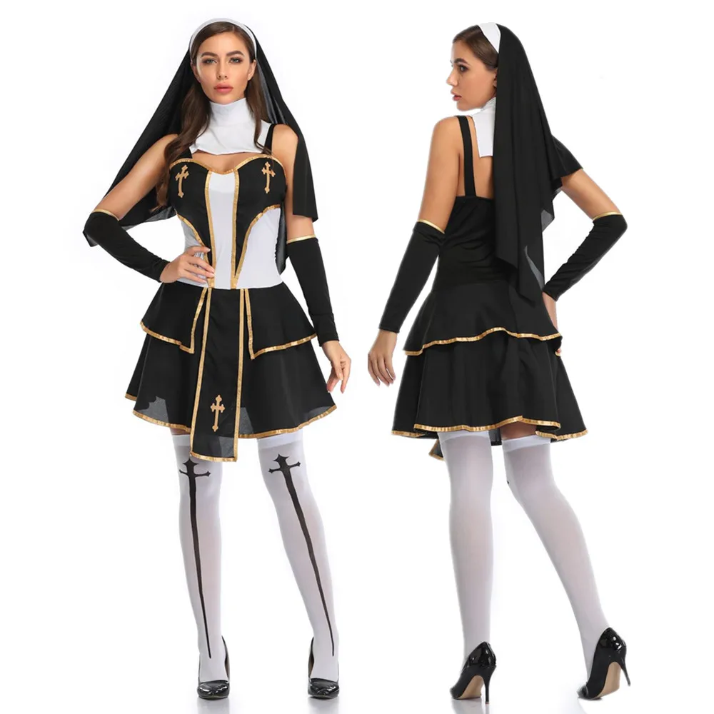 Virgin Mary Sexy Nun Costume Set Adult Women Halloween Cosplay Sister Nun Party Fancy Dress Outfits