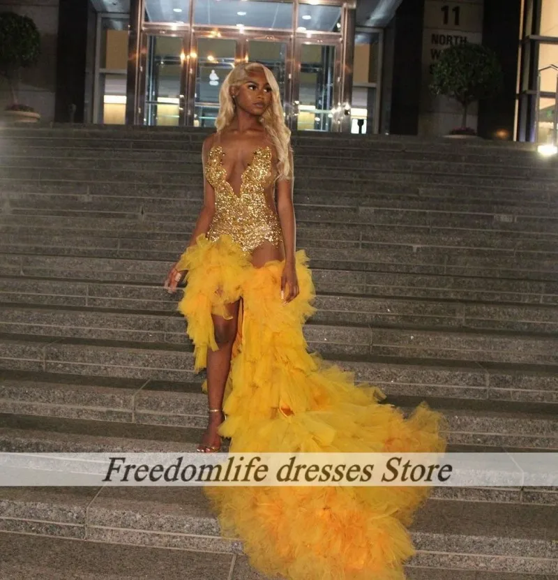 Sexy Halter Prom Dresses For Girls Hi-Lo Sequins Beaded Cascading Ruffles Party Dress Evening Gowns robes de Gala Customized