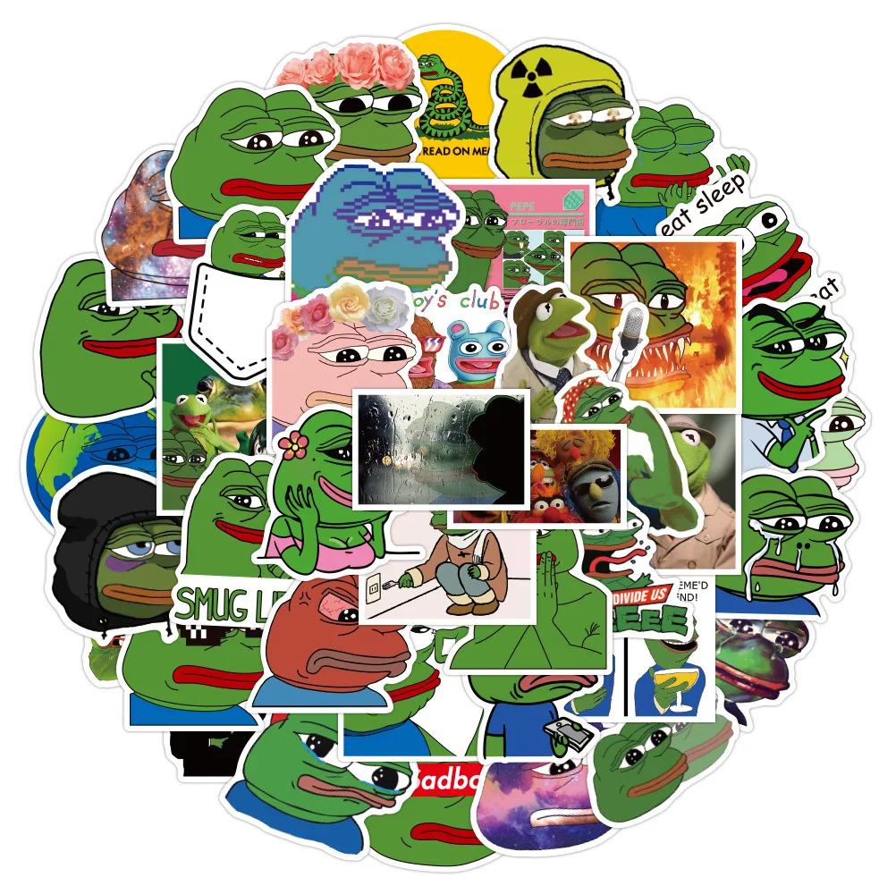 50PCS Spoof Pepe Sad Frog Cartoon Graffiti Stickers For Laptop Refrigerator Motorcycle Journal Skateboard Phone Sticker Kid Toys