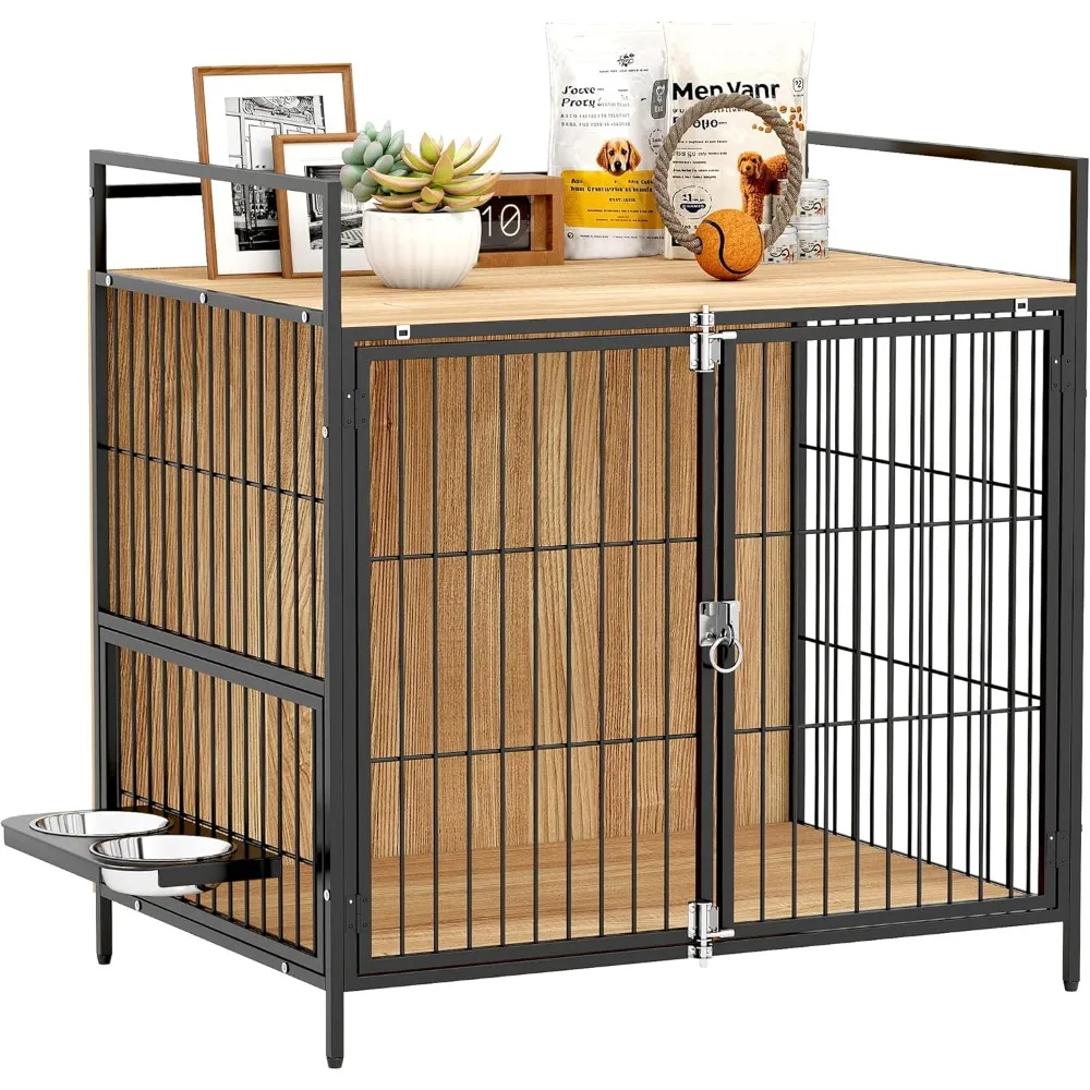 

Dog Crate Furniture with Rotating Bowls, 30 Inch Pet Kennel Furniture End Side Table with 2 Anti-Escape Doors, Top Storag