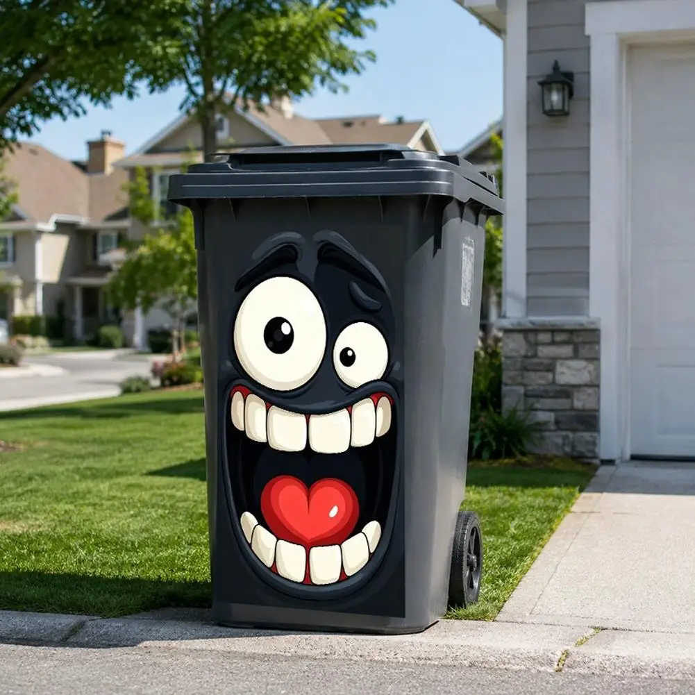 1pc 2D Flat Printing Trash Can Sticker, Featuring a Big-eyed Grinning Funny Face Pattern Theme Matte Surface Sticker