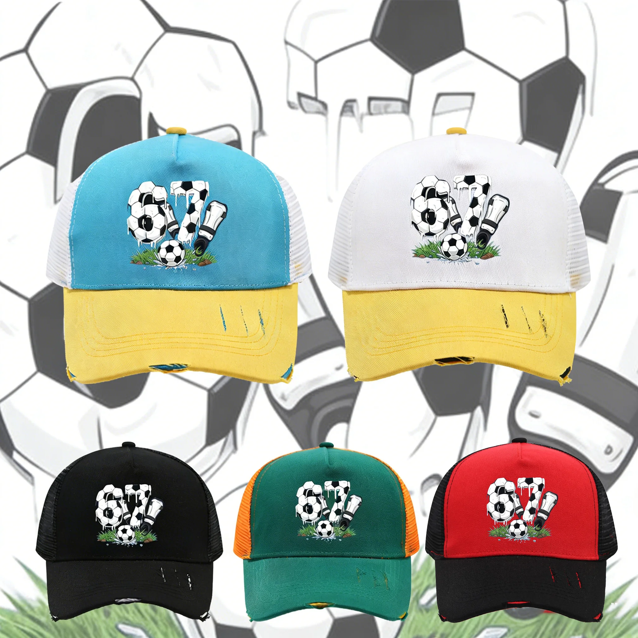 1PC Mesh Trucker Hat, Breathable, Distressed Brim, 3D Soccer