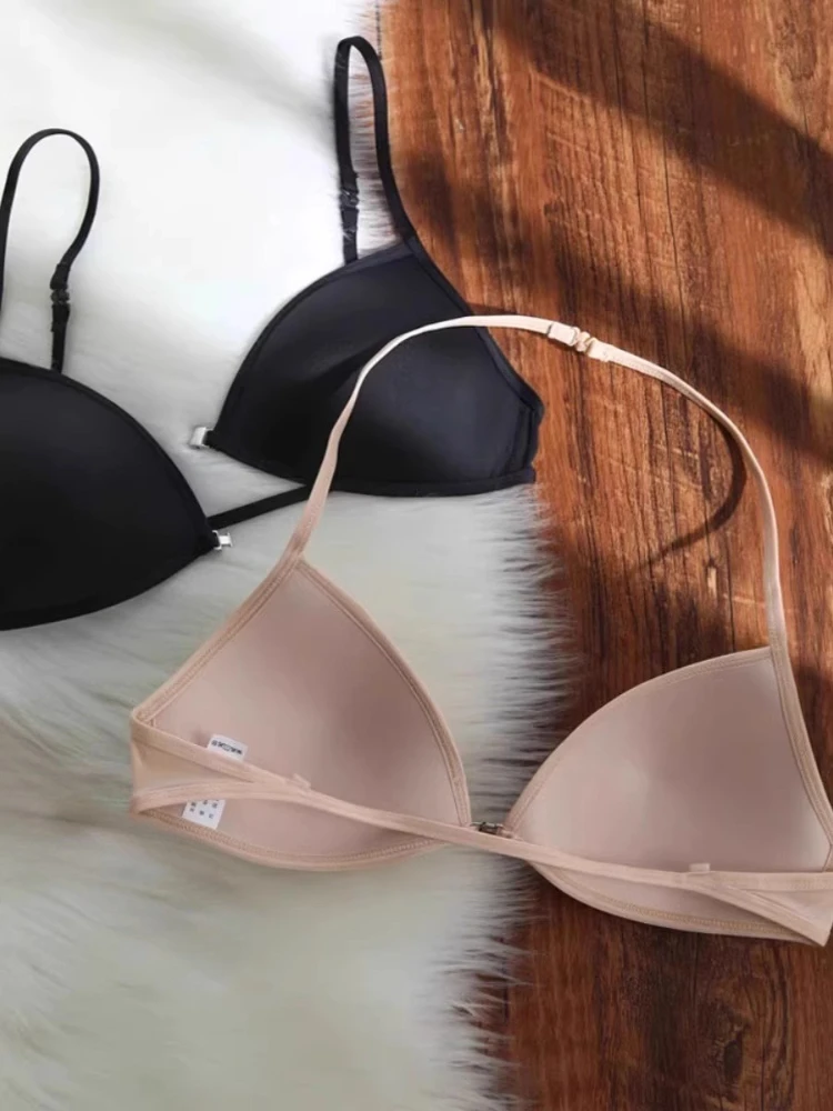 European French Bra BANERDANNI Ultra Thin, Front Closure Push Up Halter Neck, Triangle Cup Wireless 