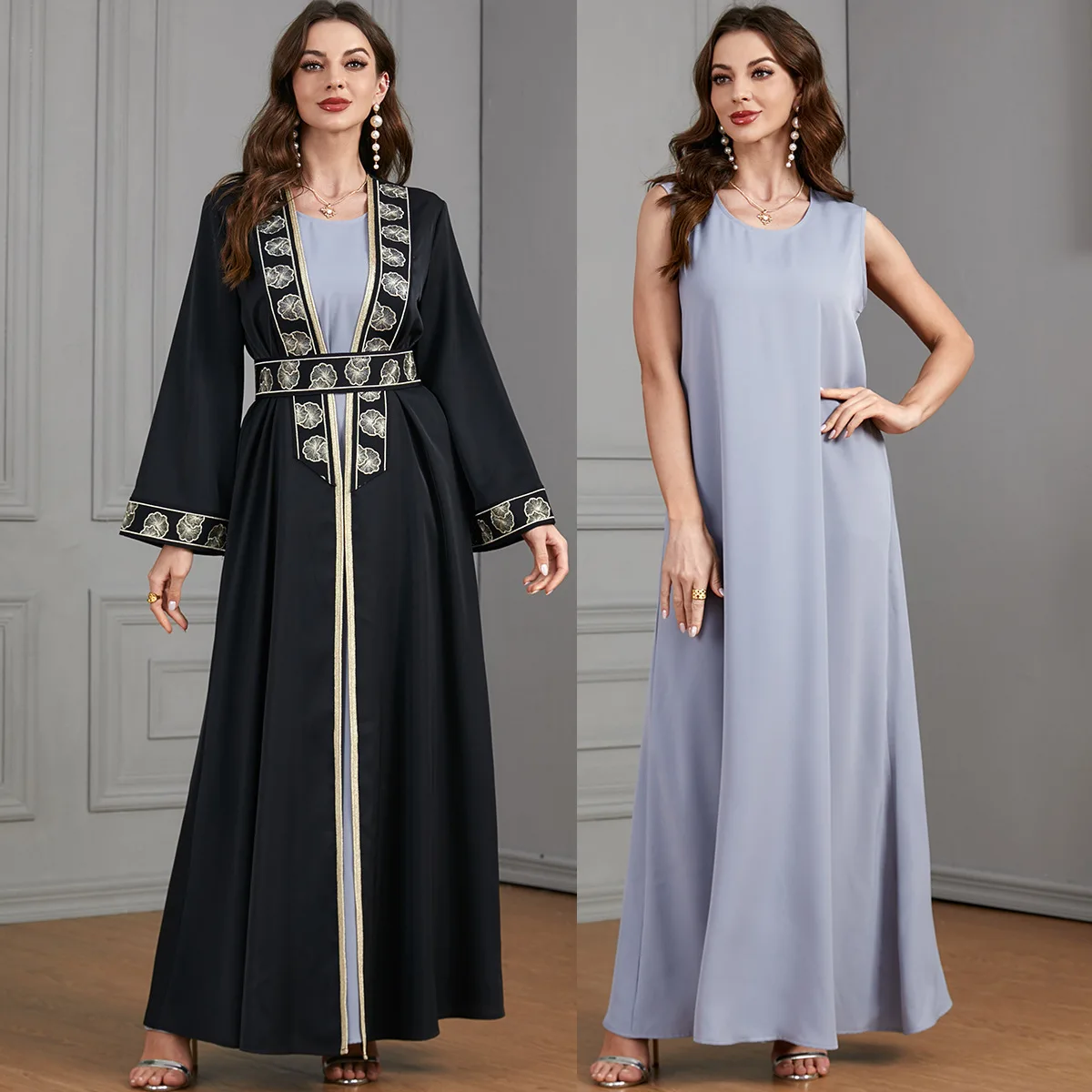 

3534 new elegant cardigan set with large swing, Muslim robe, women's long skirt, Dubai dress