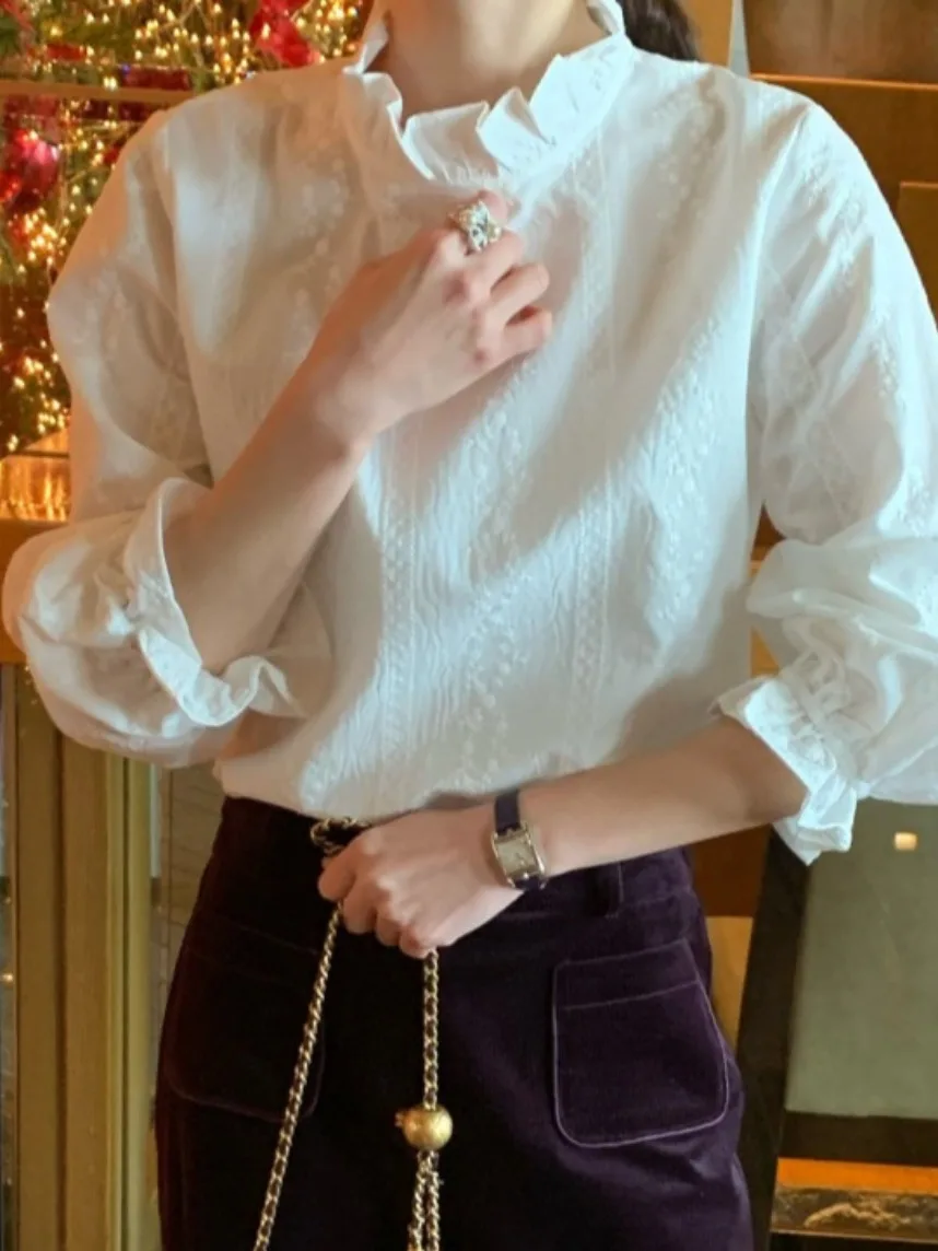 

Ele Early Spring Women's irt Korean Sle Loose Fit Cotton Long Sve Floral Lace Trim Stand Collar Embroidered Blouse