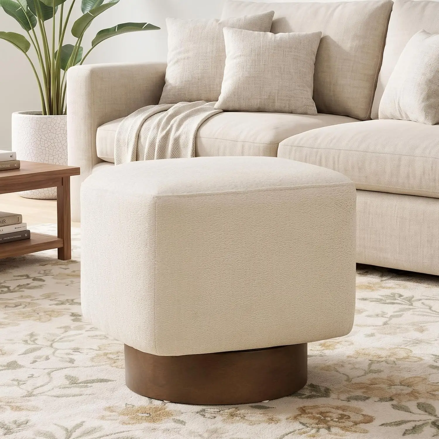 360° Swivel Square Accent Ottoman, White Chenille, Customized