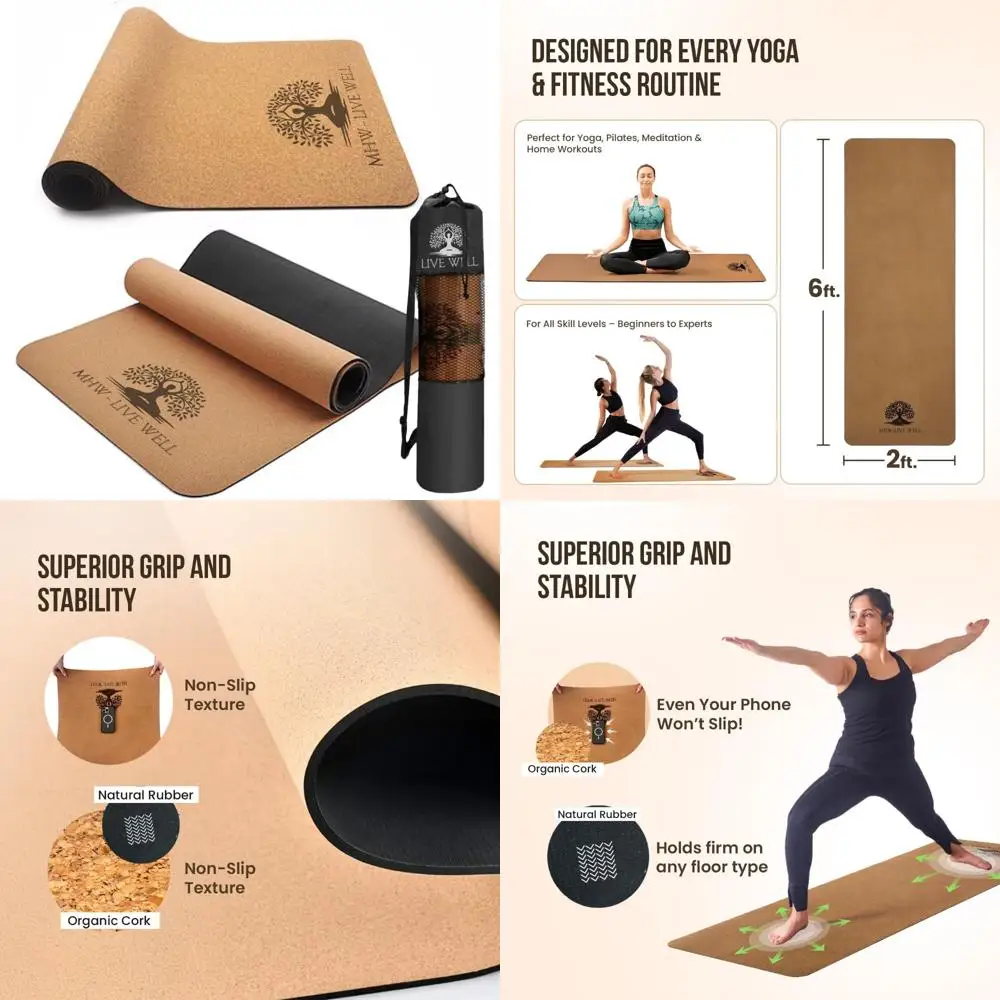

Eco-Friendly Cork and TPE Yoga Mats for Home Workouts - Extra Wide, Long, Foldable, Non-Slip, Odor-Resistant
