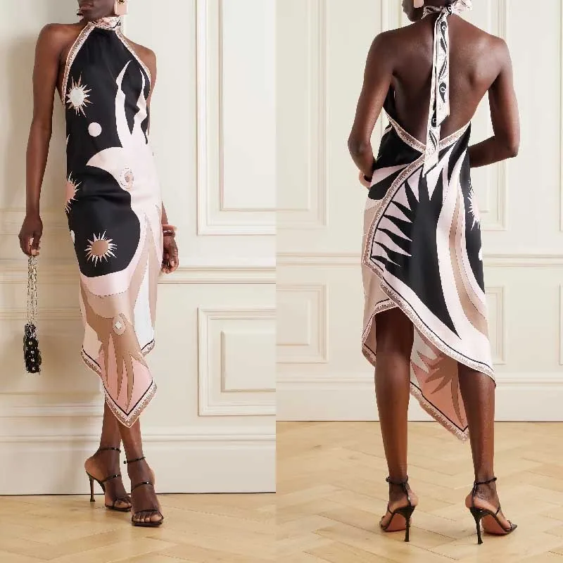 

2025 Summer Sexy Backless Satin Print Beach Dress Women European and American Neck Halter Satin Vacation Dress