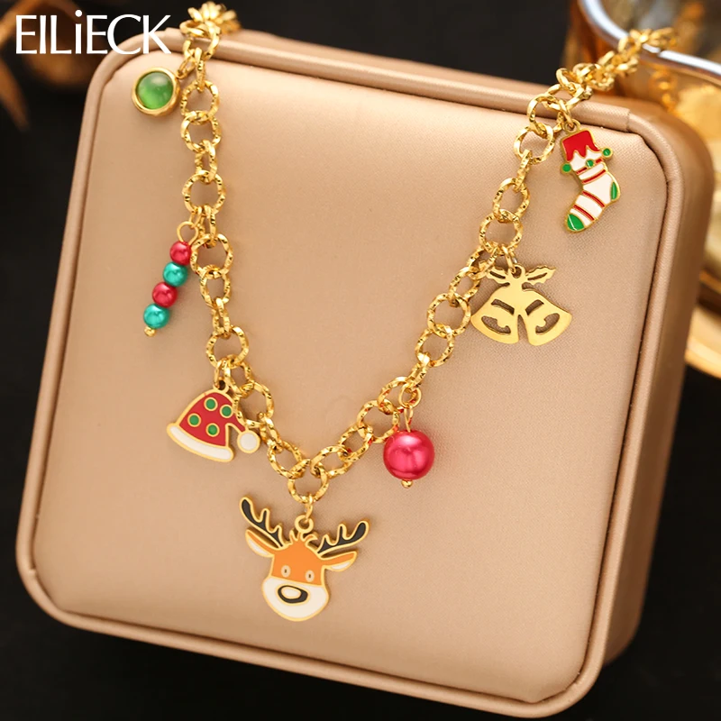 

EILIECK 316L Stainless Steel Christmas Reindeer Pendant Necklace For Women Fashion Neck Chain Handmade Jewelry Holiday Gift