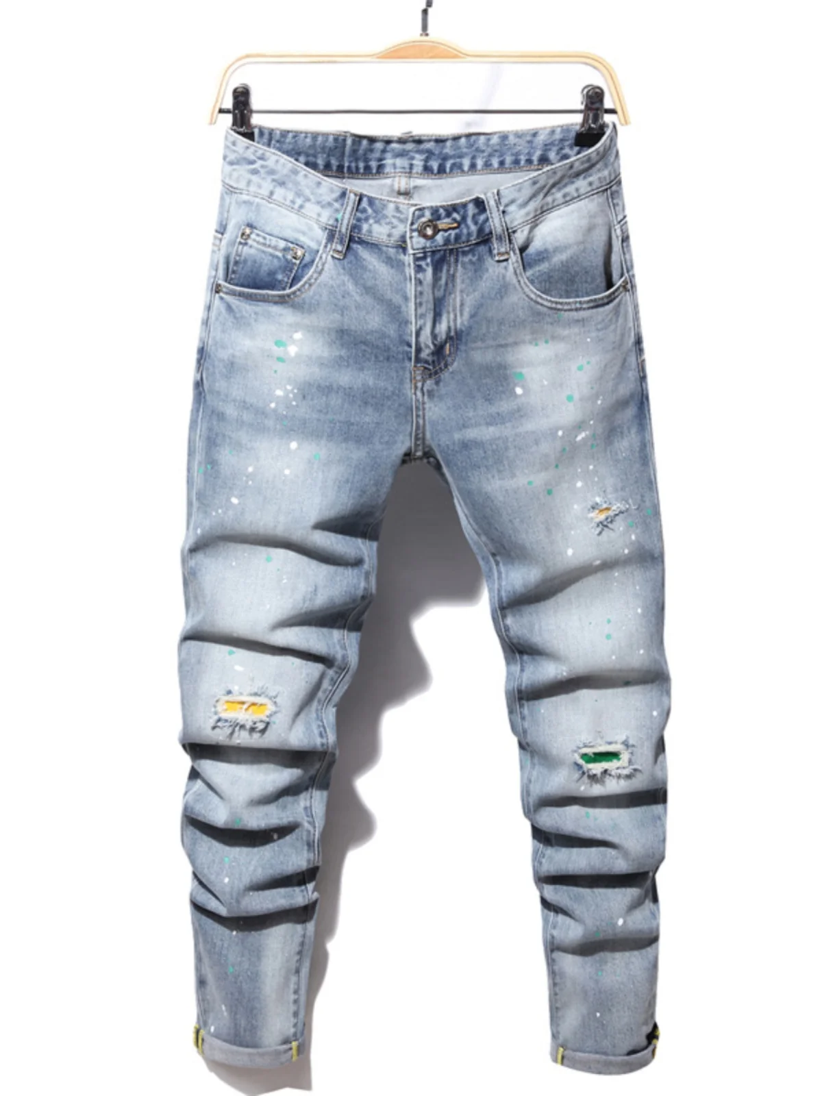 

Trendy Men's Skinny Jeans High Street Hollow out Design Summer Thin Cotton Stretchable Casual Wear Blue Color mid Waist