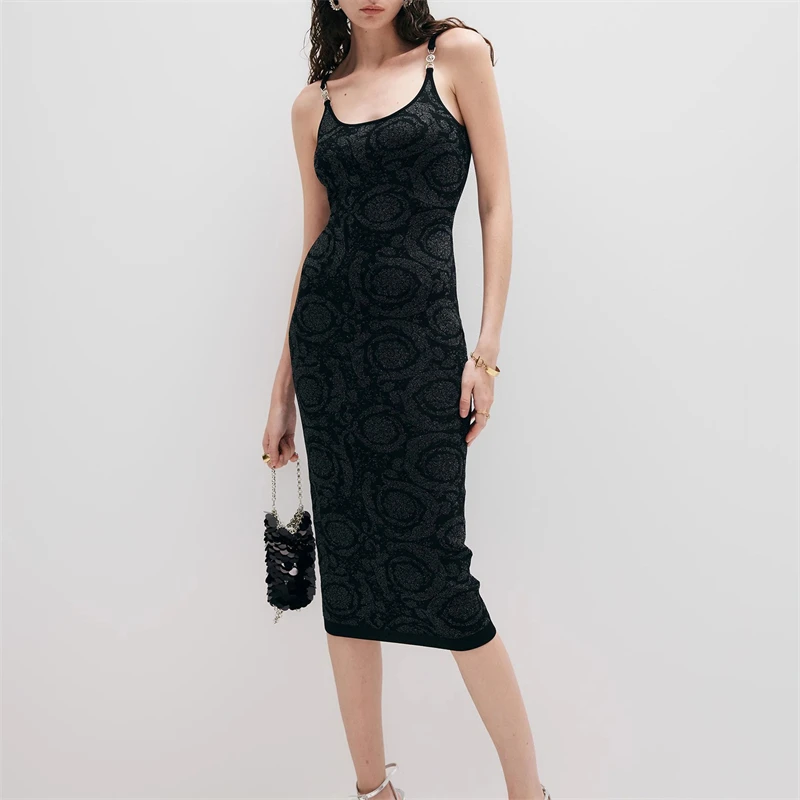 

Summer new women'sJacquard slim stretch knittedShoulder strap dress fashionableAnd sexy sleeveless hip-covering mid-length skirt