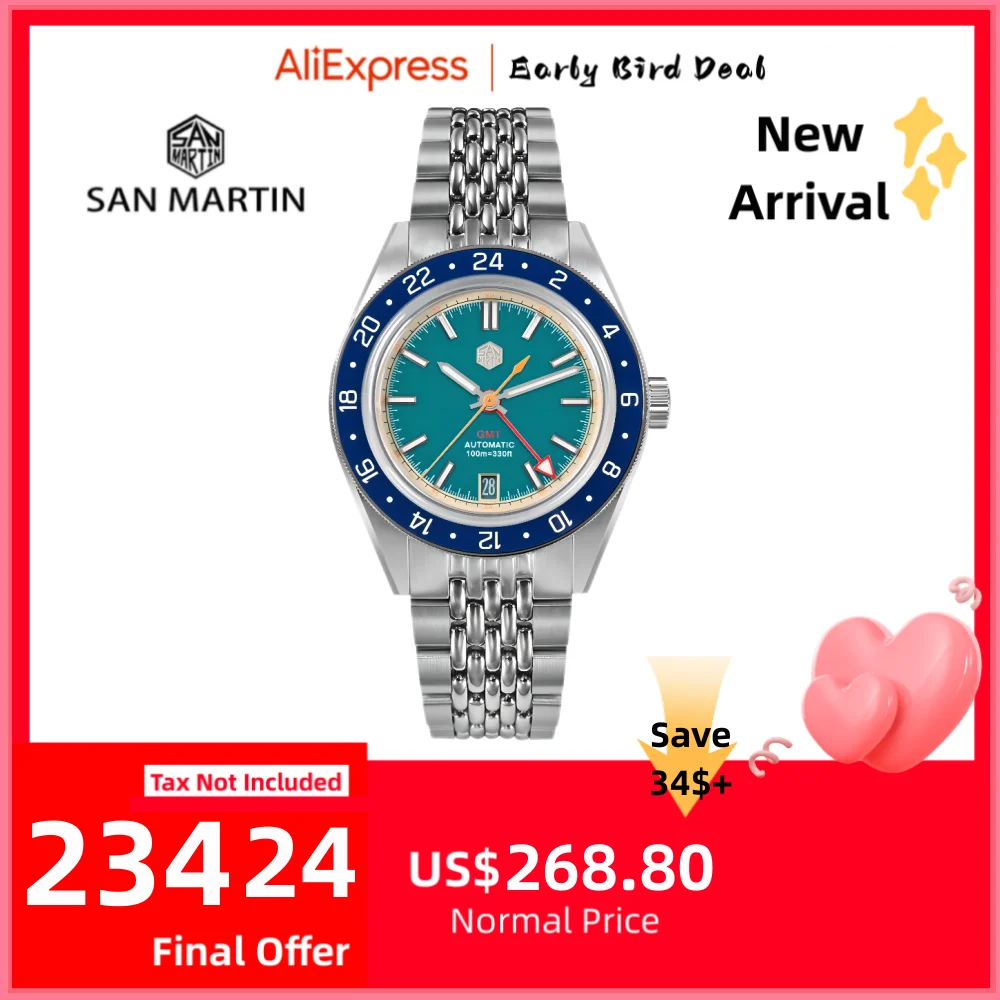 

San Martin Original 39.5mm NH34 GMT Men Mechanical Wristwatch Fly Adjustable Clasp Sports Watch Waterproof 10Bar Relojes SN0116