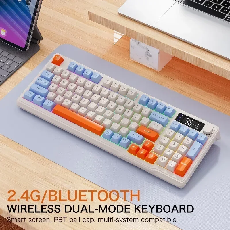 Free Wolf M96 Wireless Bluetooth Dual-Mode Mechanical Feel Keyboard Pbt Ball Hat With Display Game Office Waterproof Keyboard