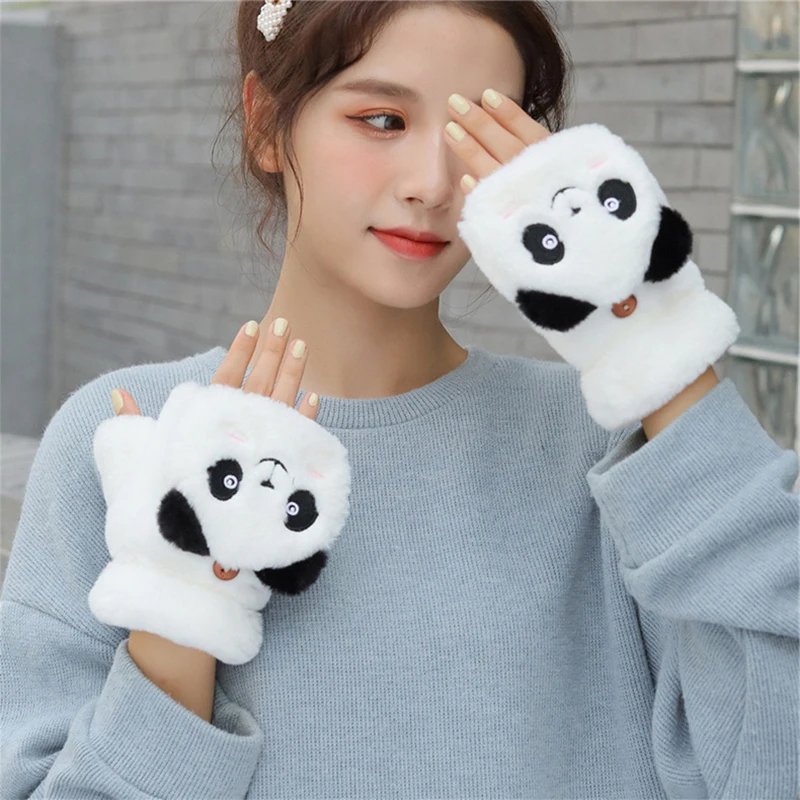 New Bear Winter Gloves GirlsCold Weather Mittens Plush Girl Flip Top With Cartoon Animal Pattern Lovely Panda Flap Design