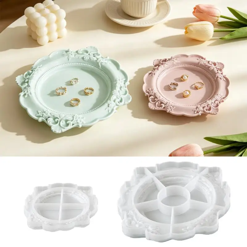 1Pcs Vintage Baroque Relief Silicone Mold Lace Border Floral Tray For DIY Plaster Aroma Dish Jewelry Organizer Holder