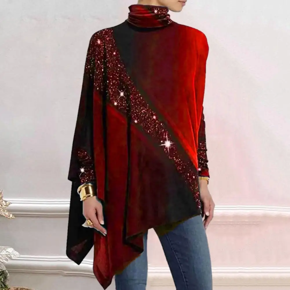 

High Neck Printed Women Blouse Colorblock Irregular Hem Sequin Long Sleeve Lady Blouse Spring Autumn Women Fashion Blouse Top