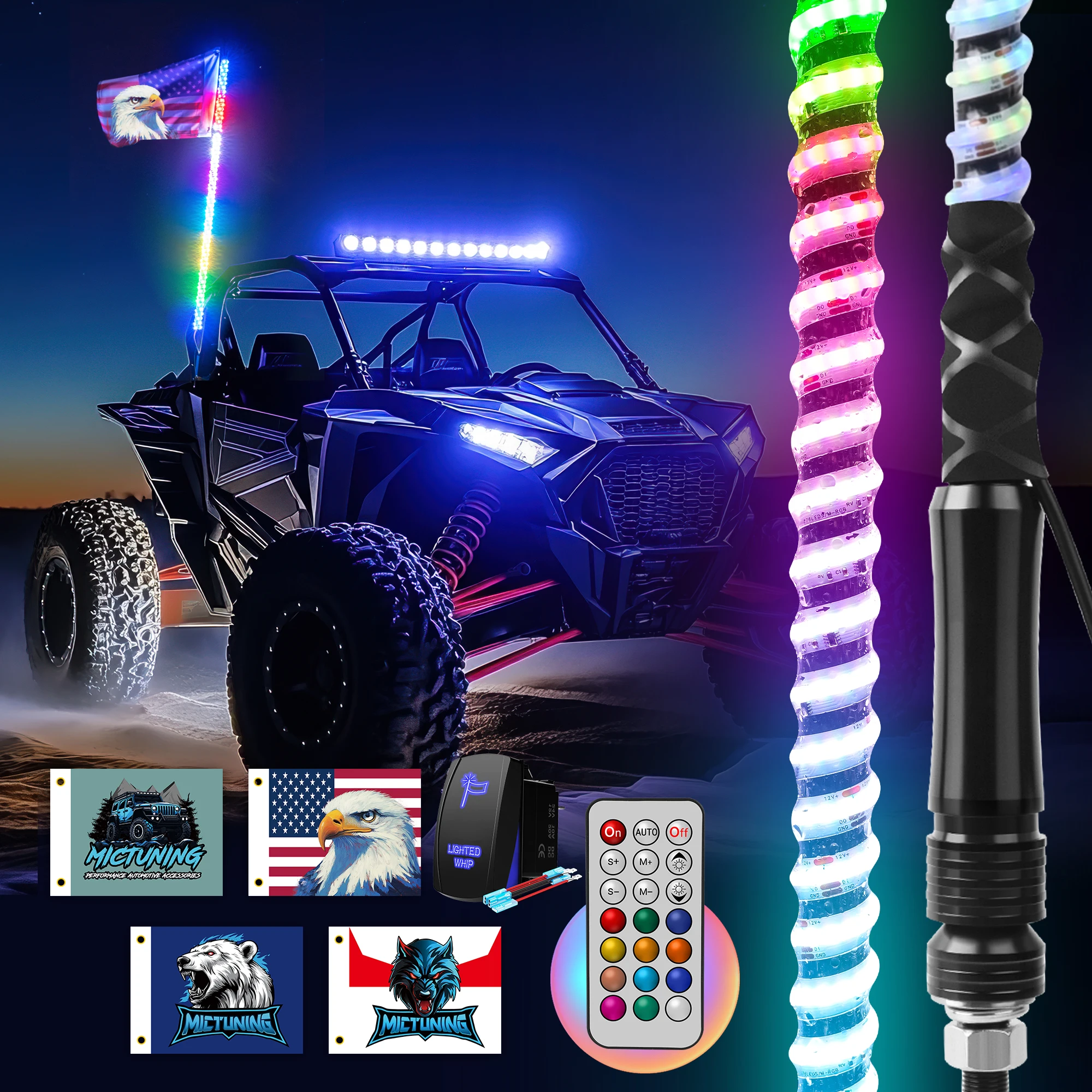 

MICTUNING 4FT 360° Spiral LED Whip Lights With Remote Control RGB+IC Dream Flow Chasing Colors For Off-road Enthusiast Can-Am