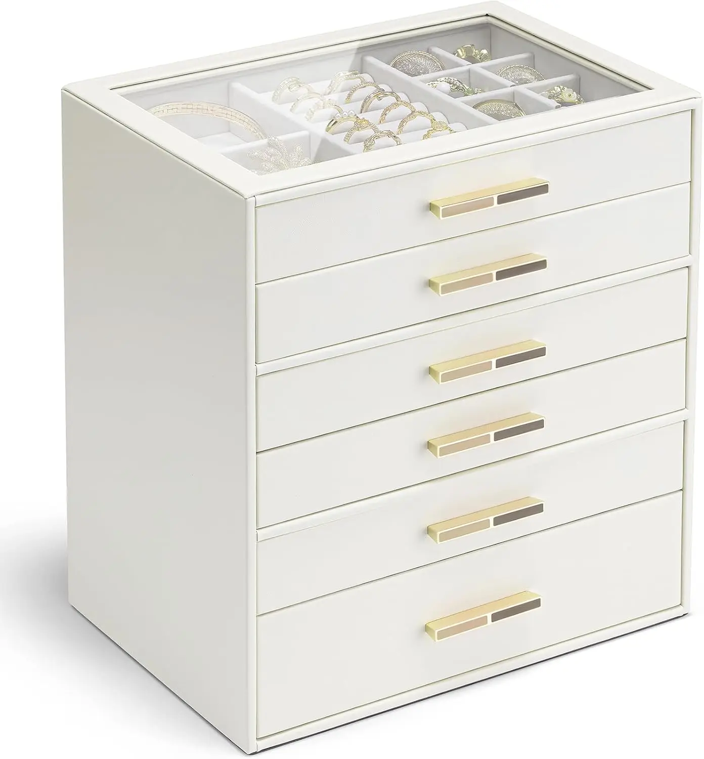 

6-Layer Glass Lid Jewelry Organizer with Drawers for Necklaces, Rings, Earrings, Bracelets in Cloud White