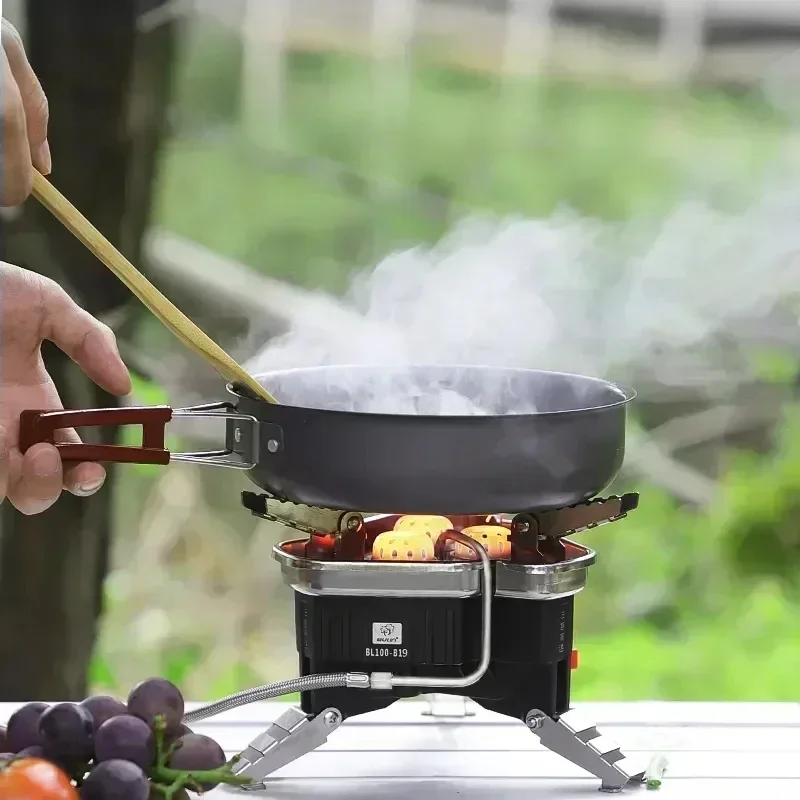 BuLin BL100-b19 مثلث جديد للتخييم في الهواء الطلق مقاوم للرياح محمول عالي الطاقة منتج لطيف موقد غاز 5800 وات محمول للسفر