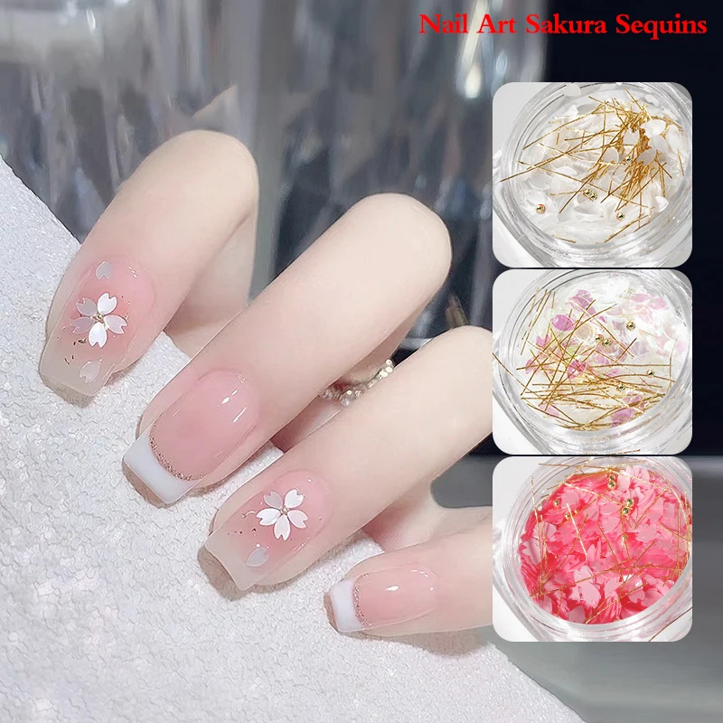 Bonito sakura pétalas para unhas, lantejoulas para nail art, colorido, folhas florais, misturados, glitter grânulos, flocos 3d, 1jar