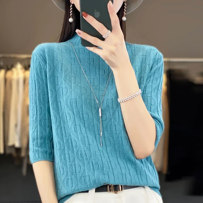 

Женский новый мягкий свитер с ромбовидным дизайном и буквами, пуловер с полувысоким воротником и рукавами три четверти, весна-лето, повседневный вязаный тонкий топ