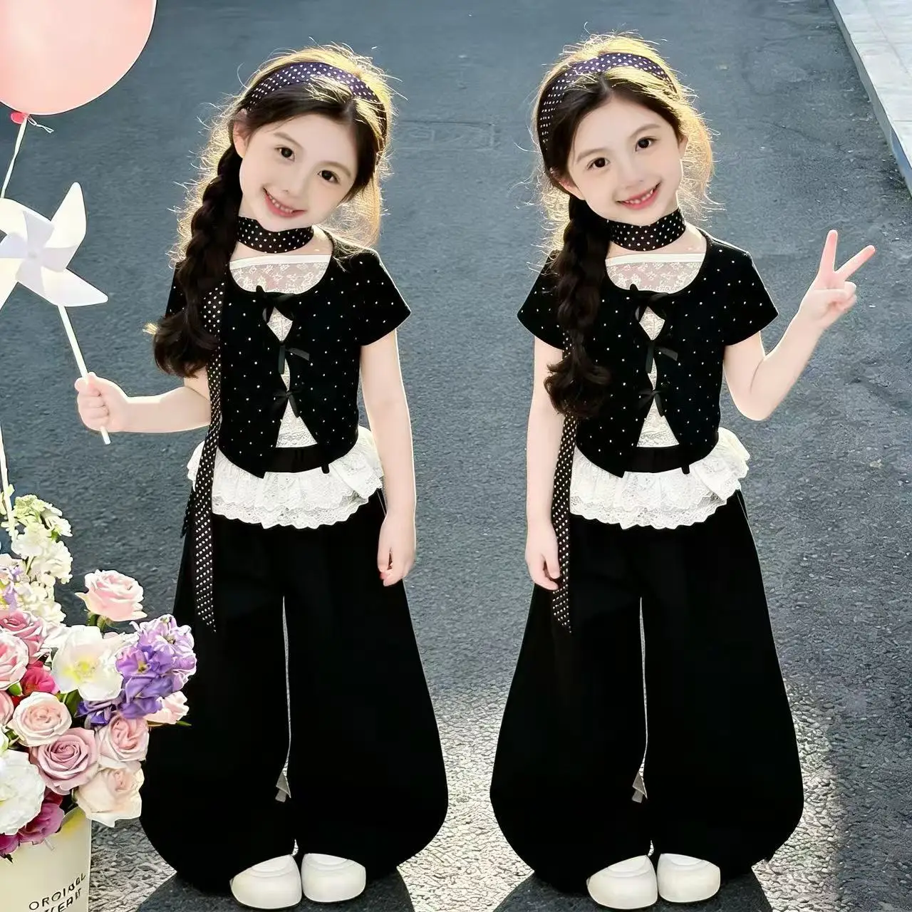 children's-and-girls-casual-polka-dot-set-short-sleeved-bow-top-wide-leg-pants-breathable-comfortable-and-fashionable-summer-set