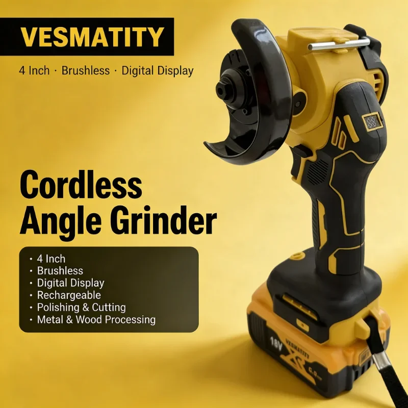 Cordless Angle Grinder 4 Inch Brushless Digital Display Rechargeable Polishing Cutting Tool for Metal Wood Processing