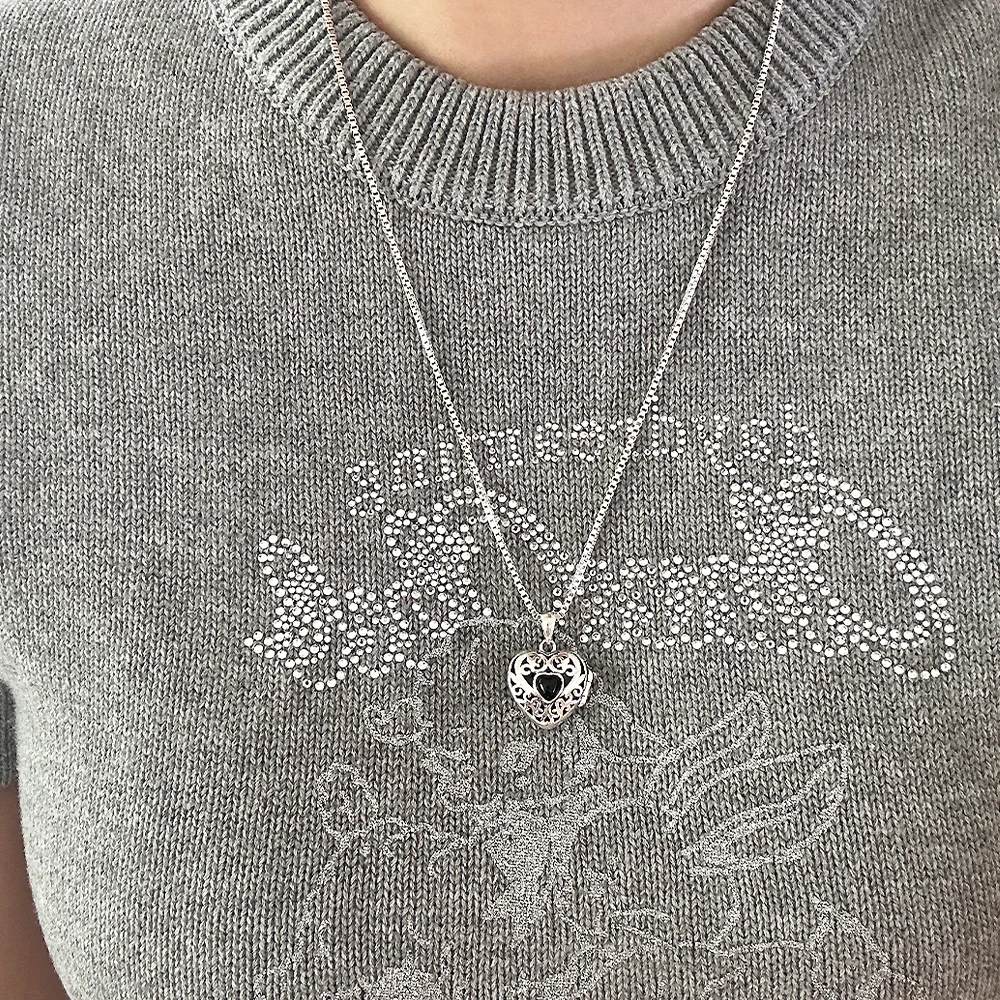 925 Sterling Silver Openable Locket Love Heart Pendant Necklace with Back Onyx Sunflower Engraved Photo Frame Vintage Jewelry view 6