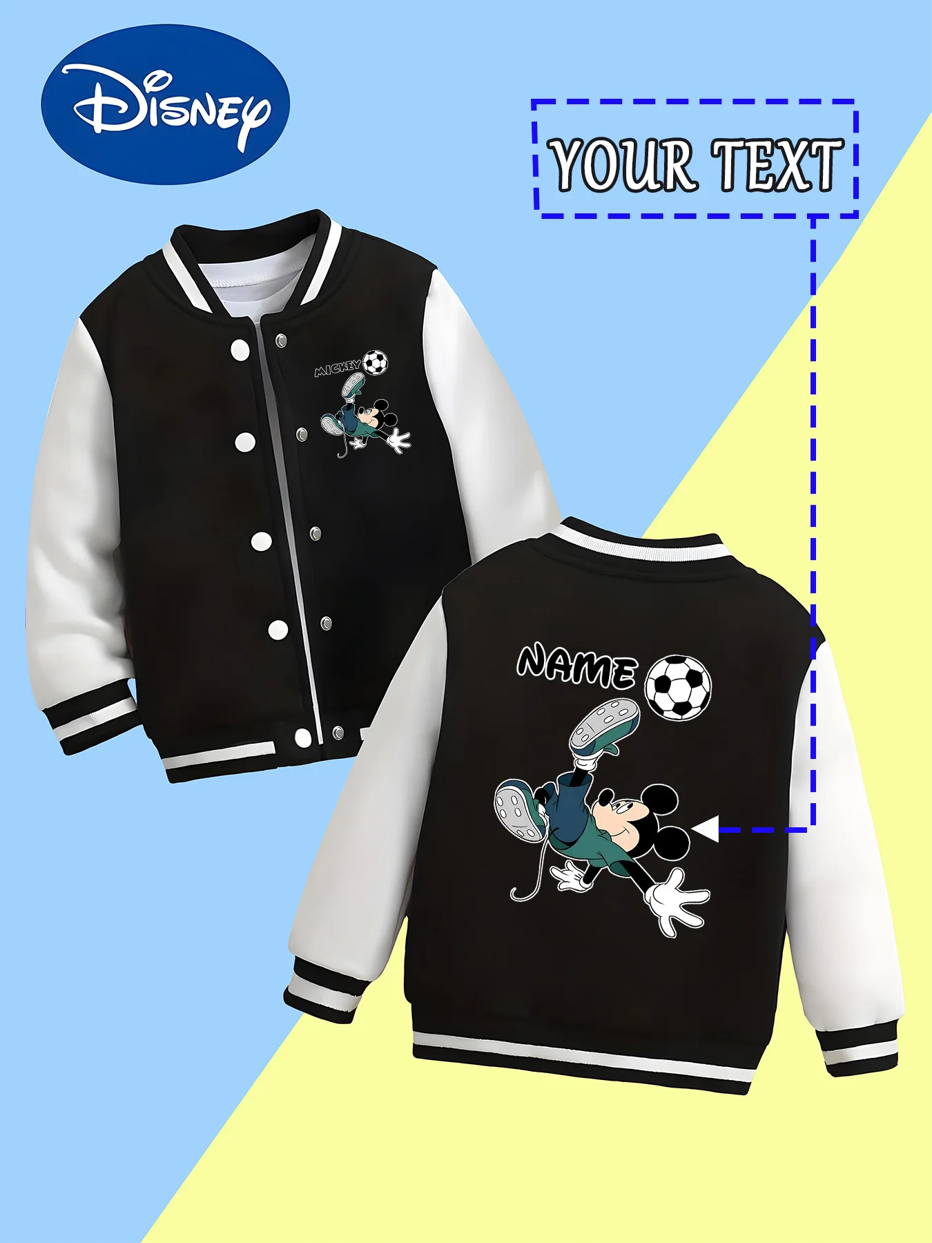 

MINISO Disney Mickey Mouse Soccer Boys Baseball Jacket - Mickey Mouse shows off his soccer skills, and "NAME" customizes your sp
