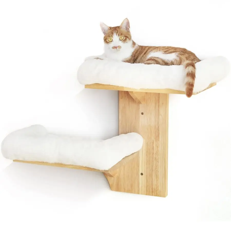 

Cat Wall Shelves, 2 Platform Cats Walls Furniture, Tree Shape Kitten Floating Shelf with Soft Cushion Perch, Solid Rubber Wood f
