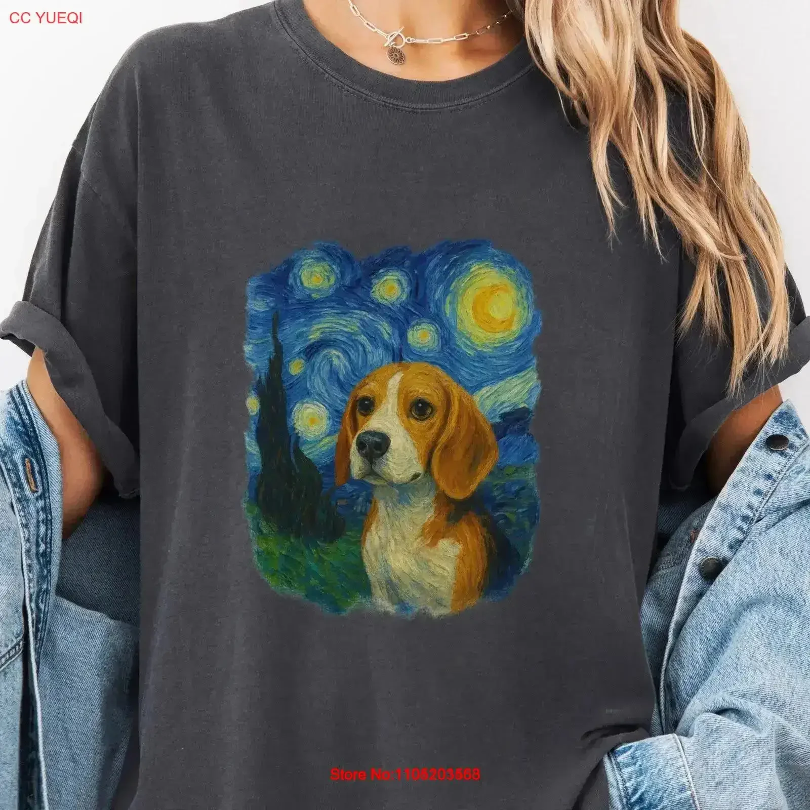 بيغل ليلة مرصعة بالنجوم تي شيرت الكلب الفن طباعة شعبية SweaT فان جوخ مستوحاة تصميم خمر غسلها أنيق تنفس عادية #1