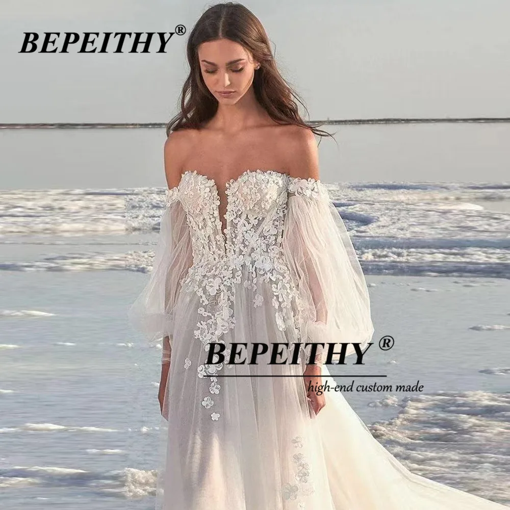 BEPEITHY Boho Hochzeit Kleid Weg Von Der Shuolder Vestidos De Novia Lange Ärmel Spitze Sexy Strand Brautkleid 2023 Robe De mariée