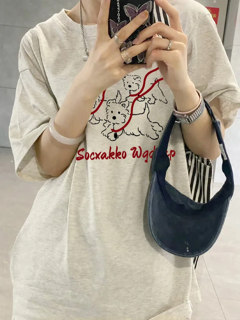 เสื้อยืดผ้าฝ้ายแท้ทรงหลวมพิมพ์ลายสุนัข สไตล์ลำลองสำหรับฤดูร้อน ระบายอากาศดี สไตล์เกาหลี คอกลม