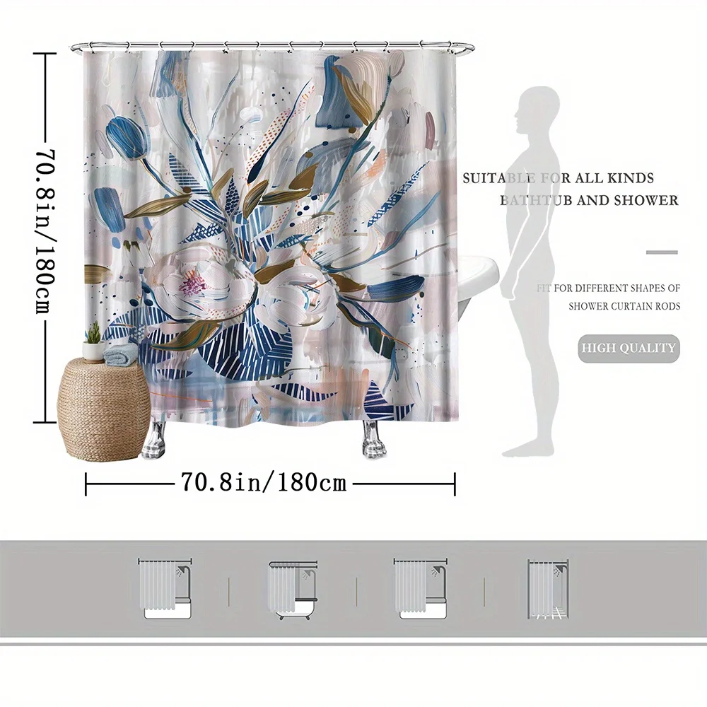 1pc Modern Abstract Floral Shower Curtain - Polyester Fabric with Earthy Tones, Fade-Resistant & Machine Washable