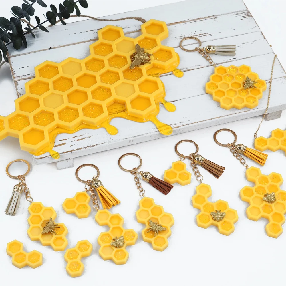 DIY Honeycomb Keychain Mold Epoxy Resin Coaster Set with House Number Pendant Mirror Silicone Mould for Home Decoration