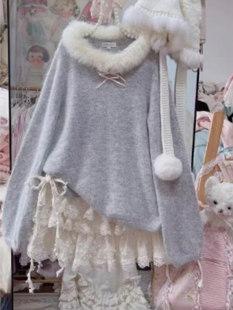 เสื้อสเวตเตอร์ผู้หญิงสไตล์ญี่ปุ่นน่ารัก แขนยาว แต่งปกขนสัตว์ นุ่มสบาย สไตล์ลำลอง ใส่ได้ทั้งฤดูใบไม้ร่วงและฤดูหนาว น่ารัก สบายๆ อบอุ่น