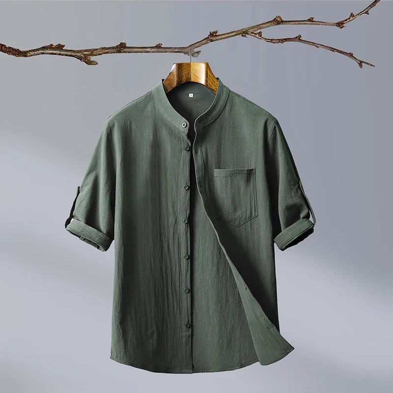 New Fashion Baumwolle Leinen Crêpe reine Farbe Geschäft mit Outdoor-Reise-Trend Slim-Fit Herren Mittel armhemd lässig mit Hemd