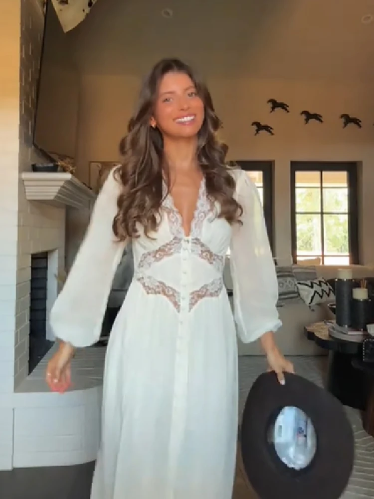 Refined White Lace Gown Deep Plunge V Neck Long Sleeve Maxi Dresses Sophisticated Ladies Summer Evening Party Outfit