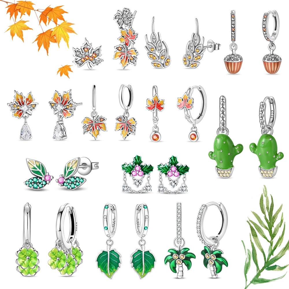 Pendientes de Plata de Ley 925 Serie Plantas: Hoja de Arce, Hoja Verde, Árbol de Coco, Cactus, Avellana - Exquisitos Accesorios de la Suerte, Regalos