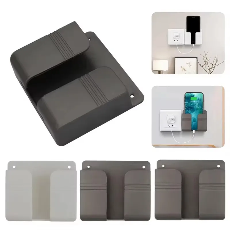 1/2/3/4pcs Wall Mount Phone Holder White Punch Free Wall Mobile Phones Charging Stand Lazy Sticky Remote Control Storage Box
