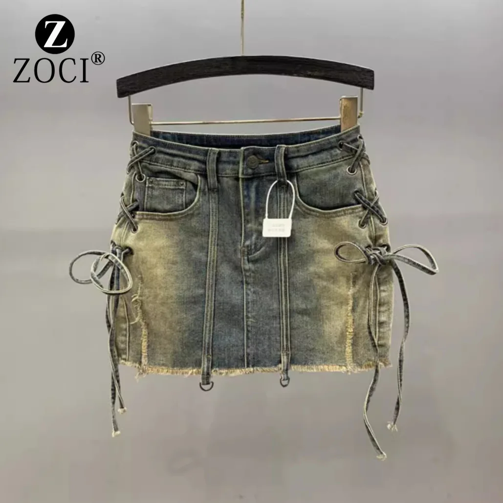 [ZOCI] Broken Hole Gradient Color Girl Denim Short Female Strap Design, Niche High Waist A-line Hip Hugging Skirt