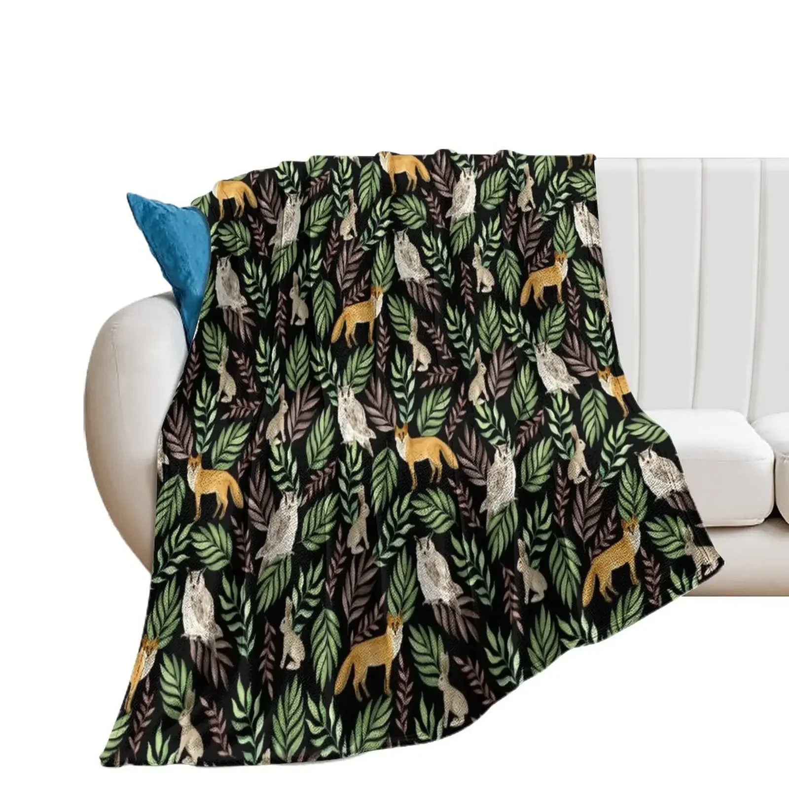 

Foxes, owls, rabbits. Black pattern Throw Blanket Flannel Retros Stuffeds funny gift Blankets