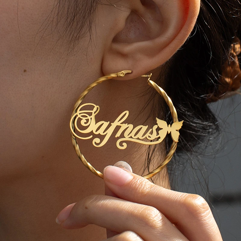 Goxijite اسم مخصص فراشة قلادة طقم مجوهرات للنساء الفتيات الفولاذ المقاوم للصدأ أسماء شخصية هوب أقراط هدية #6