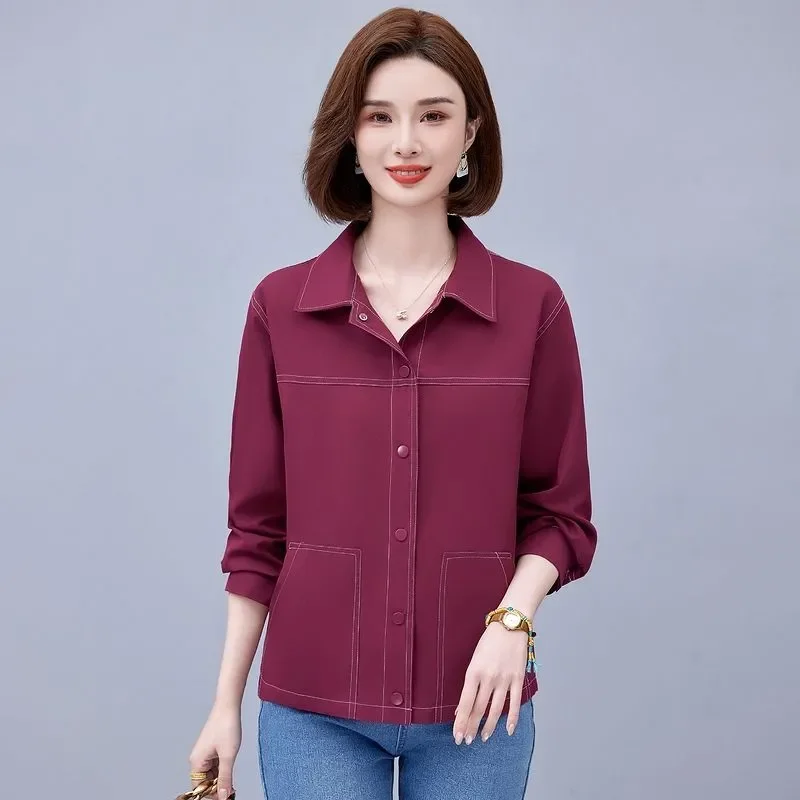

Casual Mom Long Sleeve Shirt 2025 Spring and Autumn Top New Solid Color Loose Thin Jacket for Women