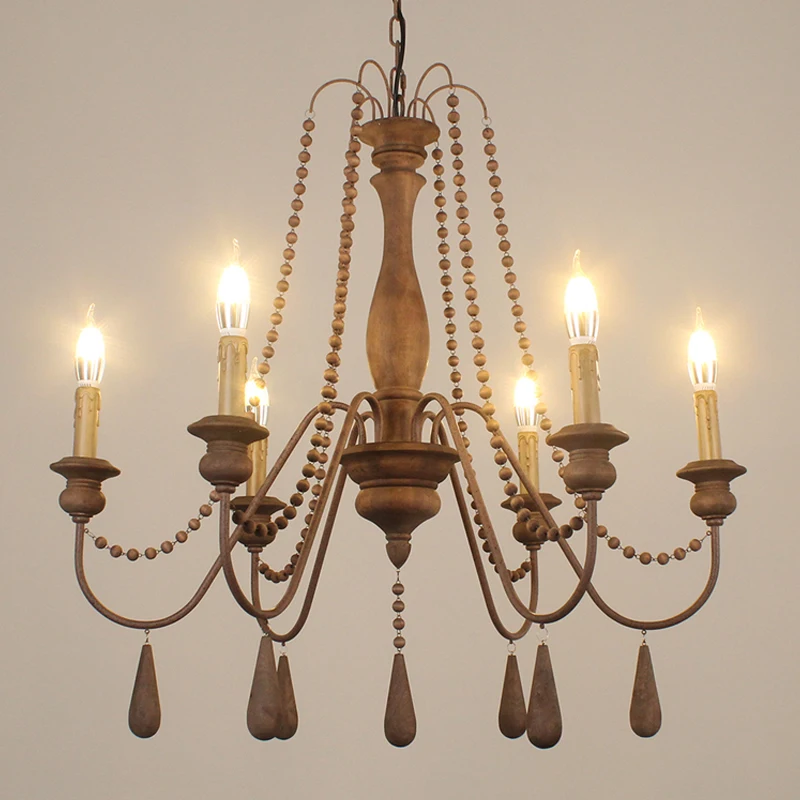 French Vintage Wood Branch Chandelie Light Candle Pendant Light for Restaurant Bedroom Kitchen Indoor Decor Fixed Lighting